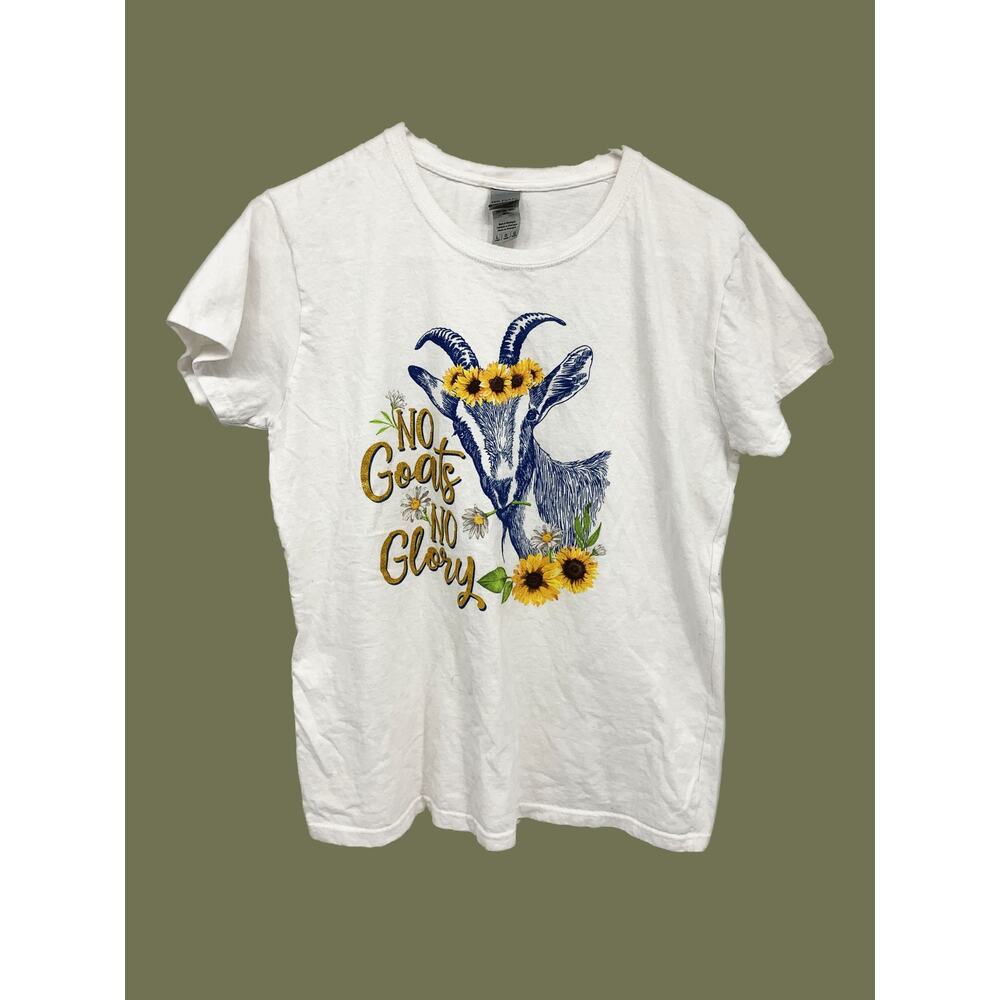 Womens Gildan Heavy Cotton No Goats No Glory White Tee Size L